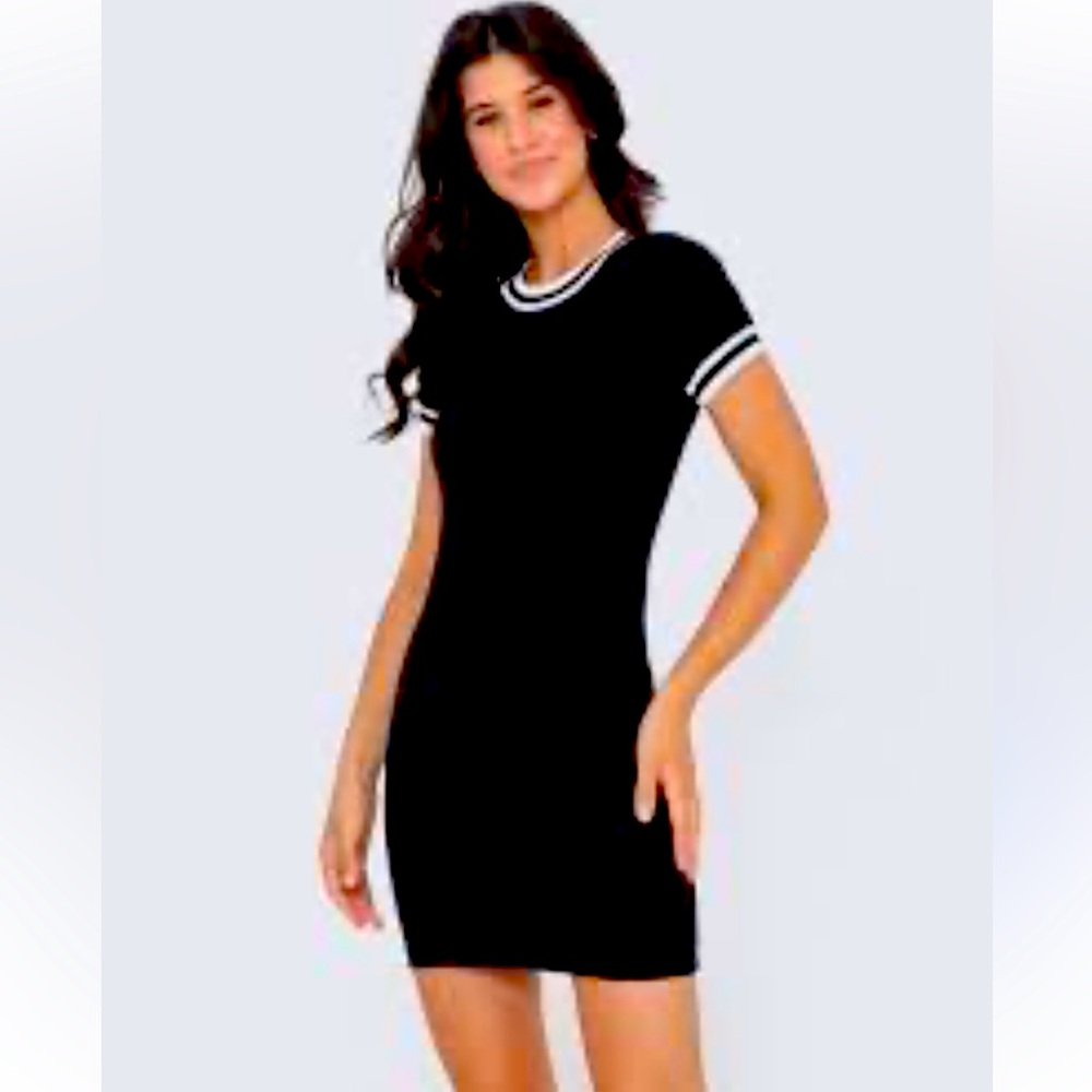 DIVIDED BLACK T-shirt style dress with white stripes on the neck size 6